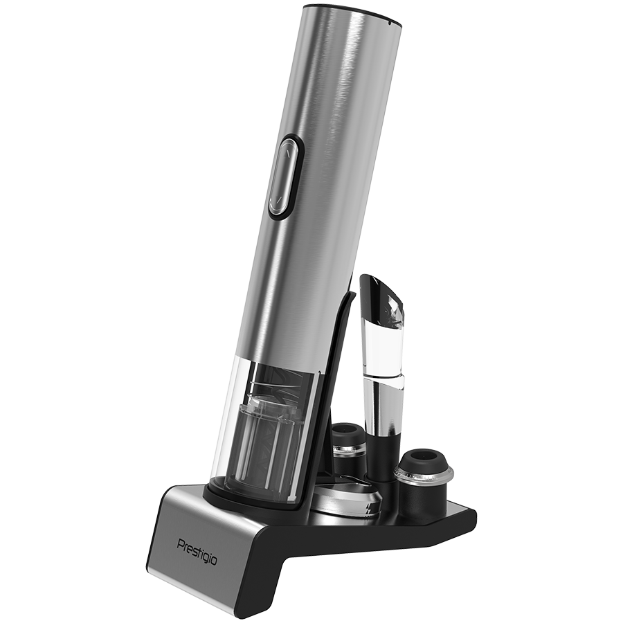 [PWO105SL] Prestigio Garda, smart wine opener, simple operation with 2 buttons, aerator, vacuum stopper preserver, foil cutter, opens up to 50 bottles wihout recharging, premium design, 500mAh battery, Dimensions D 17mm* H 290mm* W100 mm, silver color.