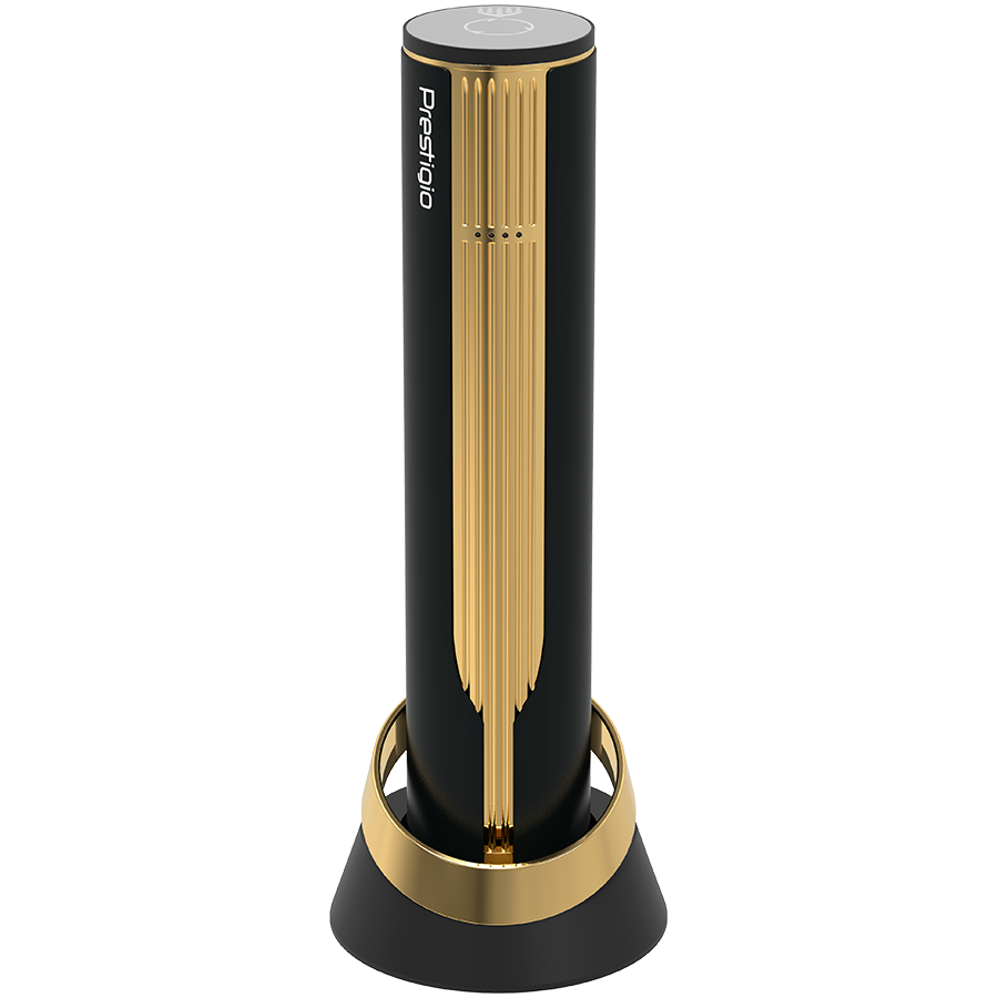 [PWO104GD] Prestigio Maggiore, smart wine opener, 100% automatic, opens up to 70 bottles without recharging, foil cutter included, premium design, 480mAh battery, Dimensions D 48*H228mm, black + gold color.