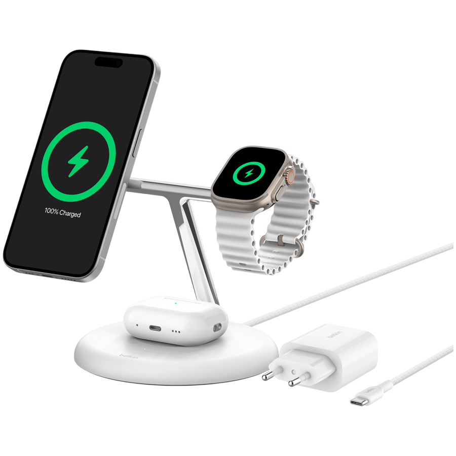 BELKIN PRO 3in1 Qi2 15w Magnetic Adjustable Charging Stand, White