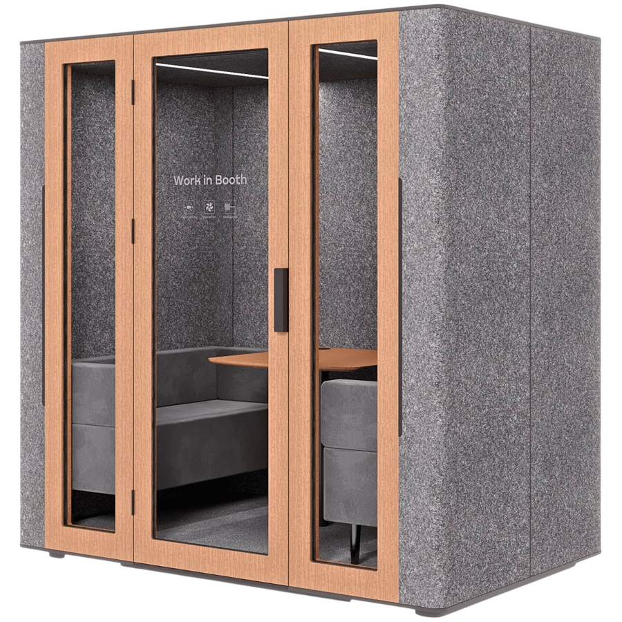 [L40-B-L-W00-01] WORKBOOTH Four Acoustic booth with Media hub integration spot, Blind, Light grey felt, natural oak, Jazz Graphite fabric for sofa