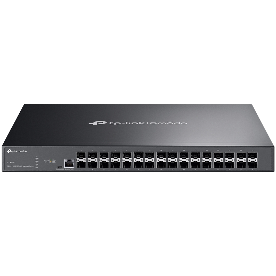 Omada 32-Port 10GE SFP+ L2+ Managed Switch 32× 10G SFP+ Slots, RJ45/Micro-USB Console Port 1U 19-inch Rack-mountable Steel Case Integration with Omada SDN Controller