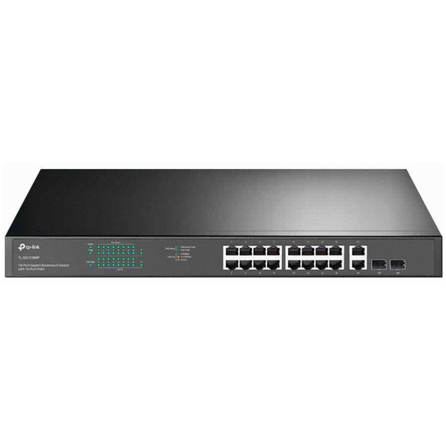 [TL-SG1218MP] 18-port gigabit Unmanaged switch with 16 PoE+ ports, 18 10/100/1000Mbps RJ-45 port, 2 combo SFP ports, compliant with 802.3af/at, 250W PoE budget, support 802.1p/DHCP QoS, plug and play, 1U 19-inch rack mountable
