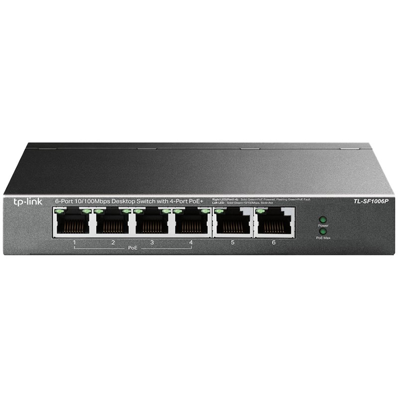 [TL-SF1006P] 4-port 10/100Mbps Unmanaged PoE+ Switch with 2 10/100Mbps uplink ports, meta case, desktop mount, 4 802.3af/at compliant PoE+ port, 2 10/100Mbps uplink ports, DIP switches for Extend mode, Isolation mode and Priority mode, up to 250m PoE power supply
