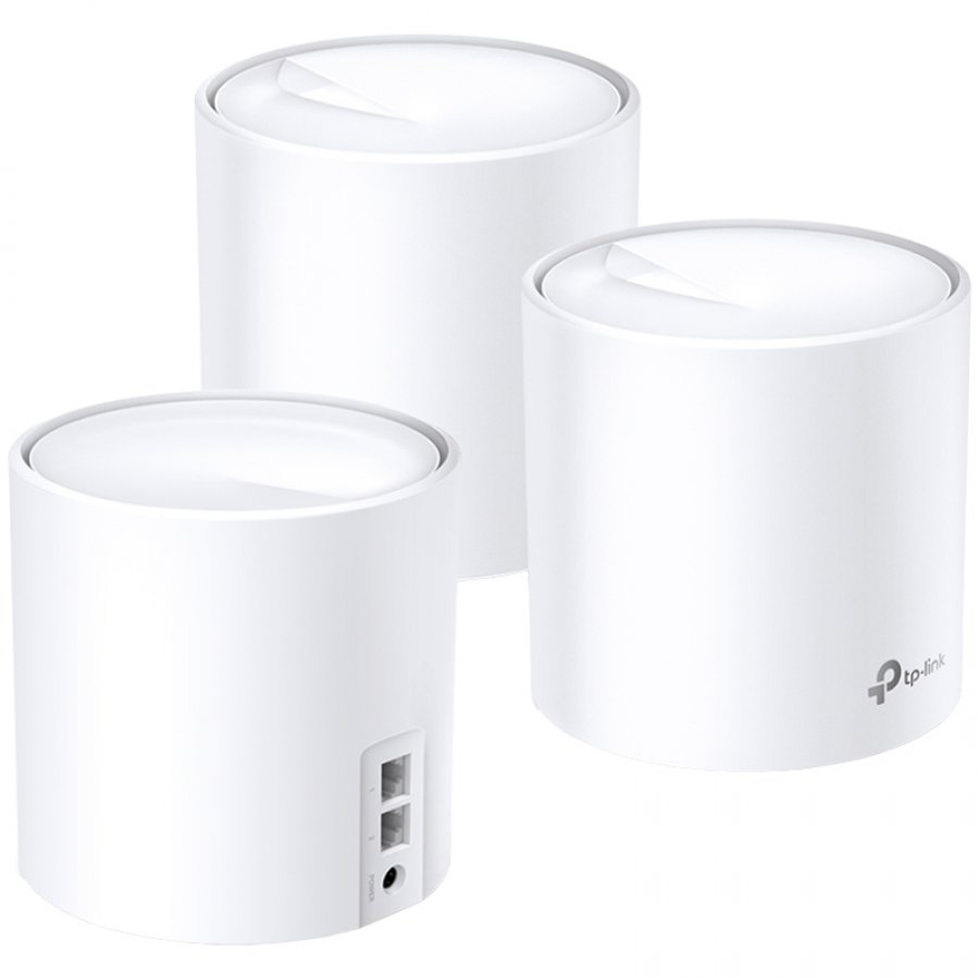 [DECO X60(3-PACK)] AX5400 Whole Home Mesh Wi-Fi 6 System SPEED: 574 Mbps at 2.4 GHz + 2402 Mbps at 5 GHz SPEC: 4× Internal Antennas, 2× Gigabit Ports (WAN/LAN auto-sensing),  4 Streams for 5 GHz FEATURE: Deco App, Router/AP Mode, IPv6, IPTV