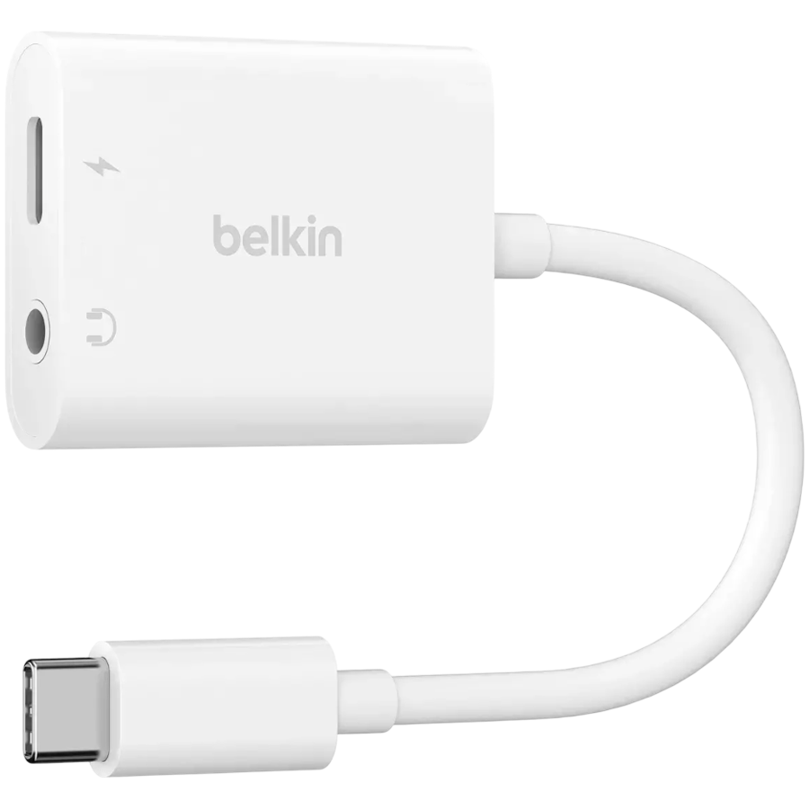 BELKIN RockStar 3.5mm Audio + USB-C Charge Adapter, supports fast charging up to 60W PD, White