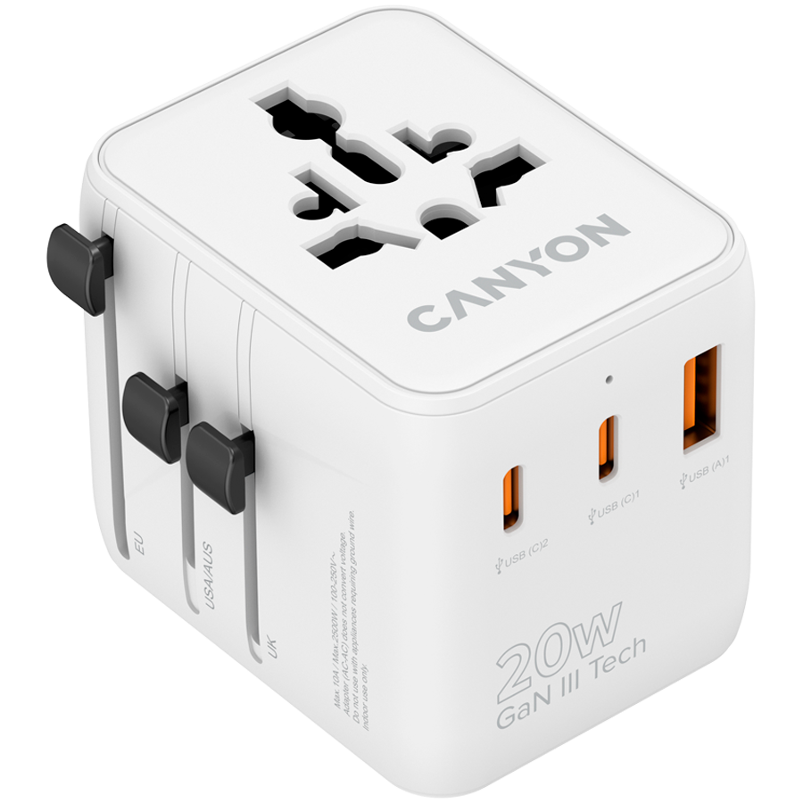 [CNS-TA20W1005W] CANYON Travel Adapter OnTour 20 EU/UK/US/AUS 20W  White