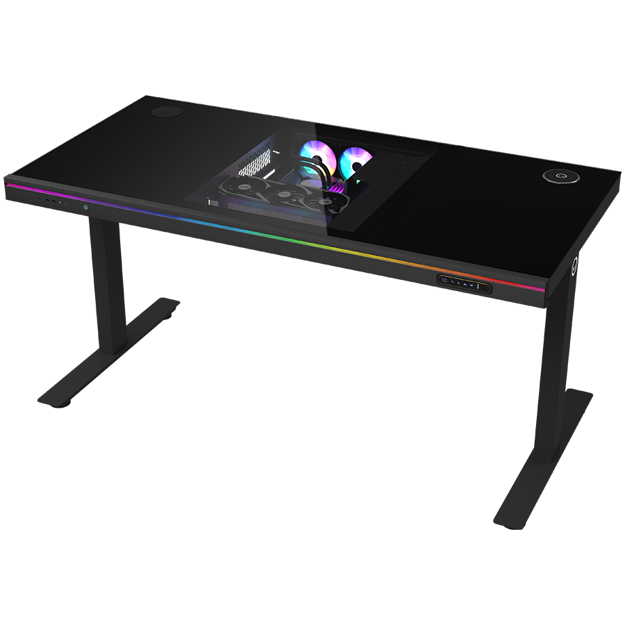 Dual-Motor Sit/Stand Gaming Desk with PC Case & Tempered Glass Top Black