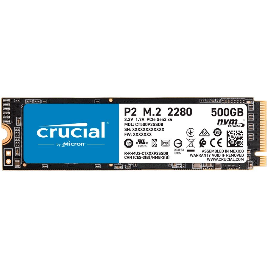 [CT500P2SSD8] CRUCIAL P2 500GB SSD - M.2 2280, PCIe Gen3 x4, Read/Write: 2300/940 MB/s, Random Read/Write IOPS: 95K/215K