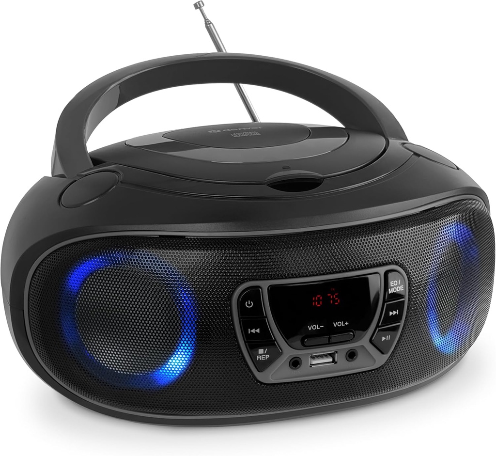 [30689] Denver TCL-212BTGR Grey Portable BoomBox with CD, FM Radio, USB, Bluetooth & LED Lights