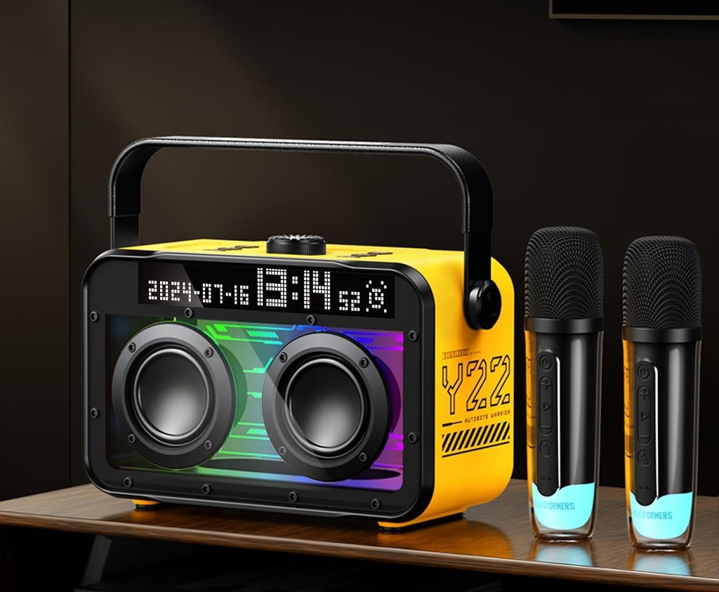 [30913] Transformers Y22 Yellow Portable Karaoke Party Speaker with 2 Wireless Microphones, Lyrics Display & Voice Changer