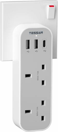 [28157] Tessan 2-Gang plug Through UK Charger 2 USB A USB C 13A TS-222-C