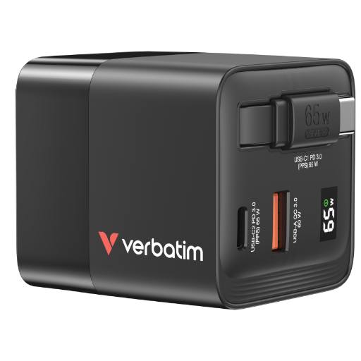 [27943] Verbatim Charger Wall 65W GaN 2-Port Retractable Cable & Display