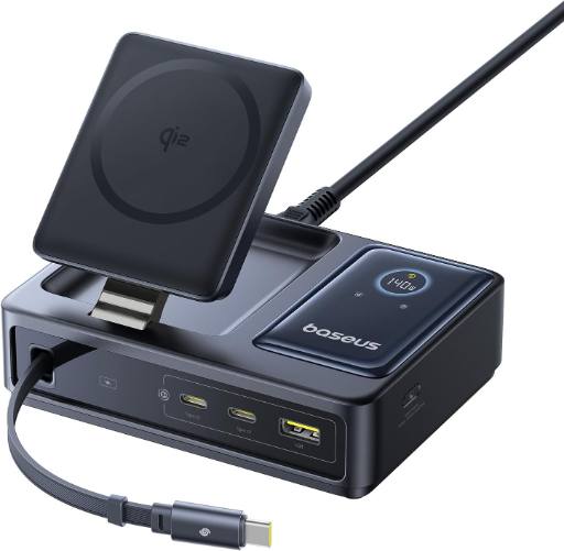 Baseus NOMOS 5in1 Desktop 140W Wired & Wireless Charger Qi2 3xUSBC+1A with LED Display UK Plug