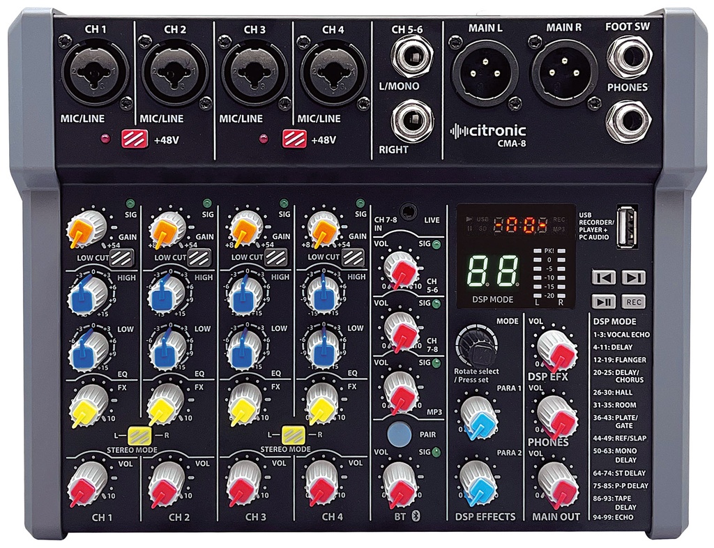 Citronic CMA-8 6ch Mixer with DSP/BT/PC/USB Play-Rec 170.864UK