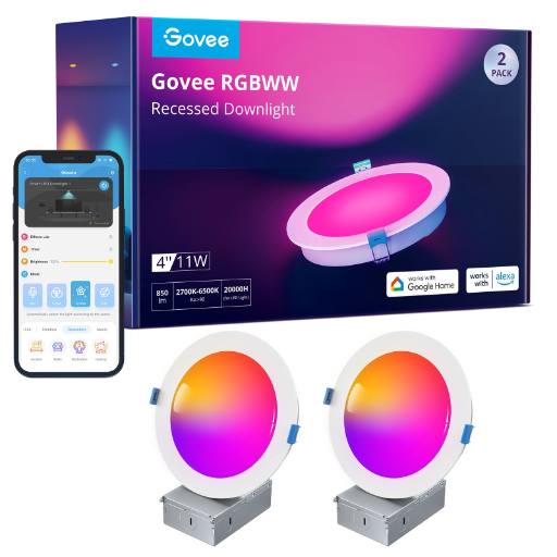 [26427] Govee B601B Smart Recessed Lights (2 Pack) 4'' Wi-Fi & BT RGBWW 850 Lumen with Junction Box