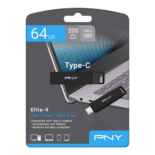 [26262] PNY Flash Drive Elite-X USB 3.2 Stick 64GB Capless Slider Black FDI64GELTXC