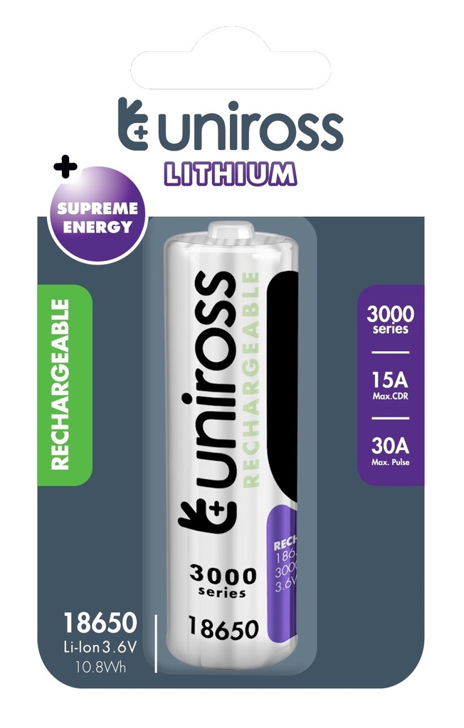 [26252] Uniross Rechargeable 18650BT Lithium Battery 3000mAh U1BT1830SP