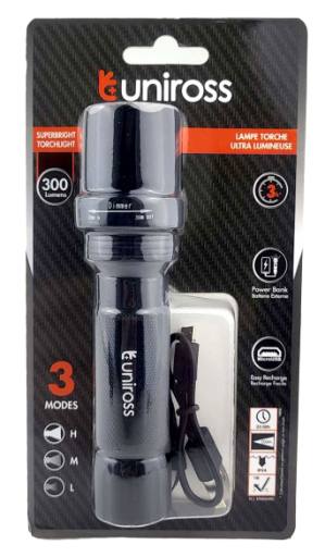 Uniross ULFL014 USB Rechargeable Pocket Aluminium Flashlight IP54 300 lumens & Powerbank Function