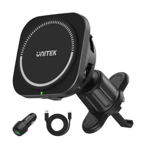 Unitek Wireless 15W MagSafe Car Mount Kit with Cooling Fan + 38W Charger & USB-Cable P1403A