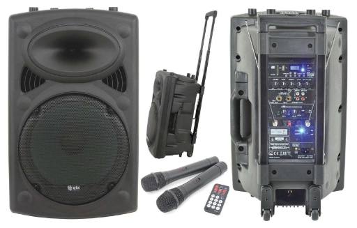 [22629] QTX QR12PA 12'' Professional Portable Karaoke & PA Speaker with 2x Wireless Microphones, Bluetooth USB & FM 178.847UK