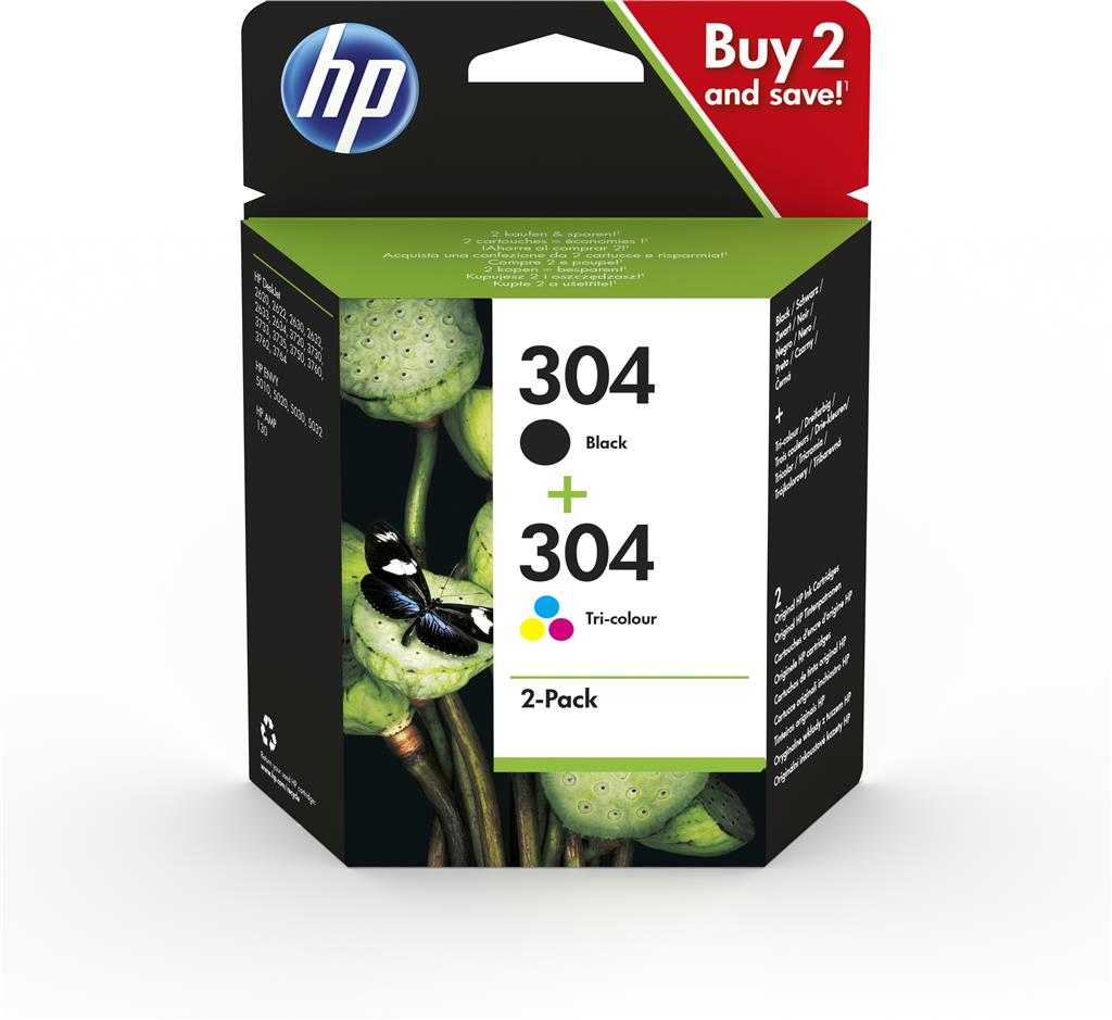 [3JB05AE] HP INK CARTRIDGE 2 PACK, BLACK AND TRI-COLOR, HP 304, FOR PRINTERS INKJET ALL IN ONE 2620, 2630, 2632, 2633, 3762 - 120 PAGES BLACK - 100 PAGES COLOR