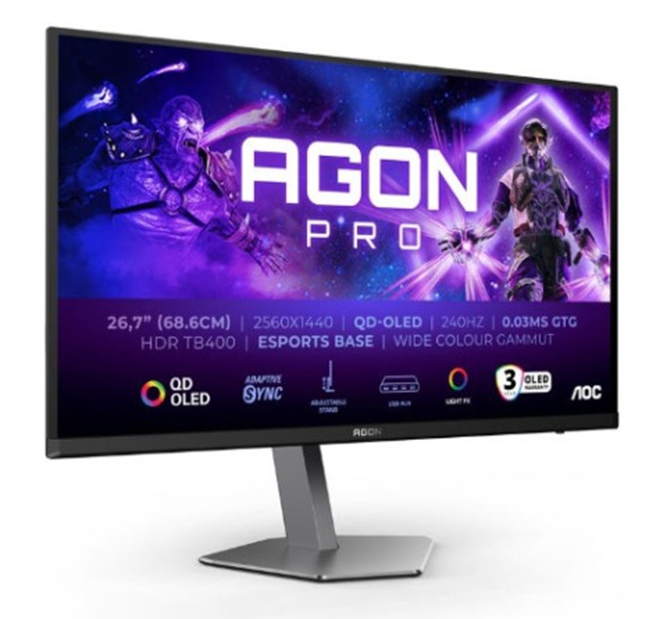 AOC MONITOR 27'' GAMING AGON PRO, OLED, 2560x1440, 80M:1, 280Hz, 0.03MS, 1000 CD/M2, SPEAKERS, G-SYNC COMPATIBLE, TILT,